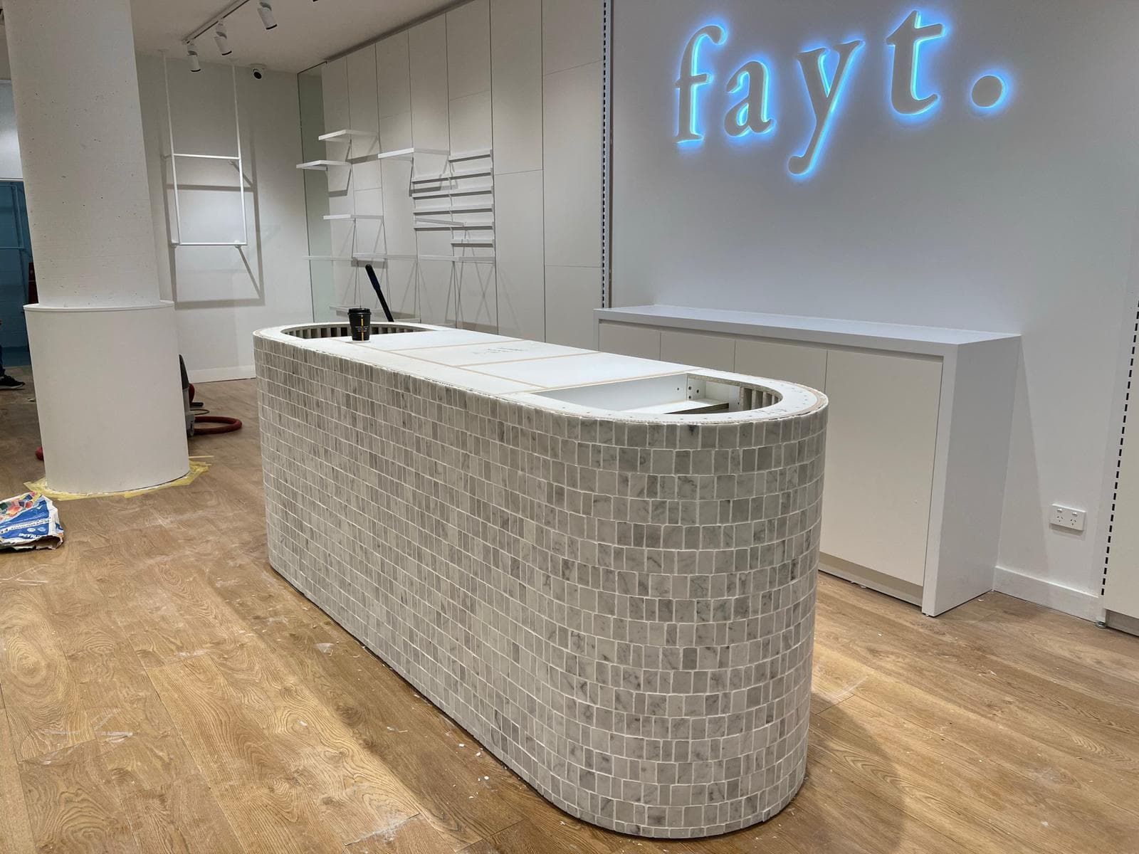 Patterned floor tiles in a commercial space